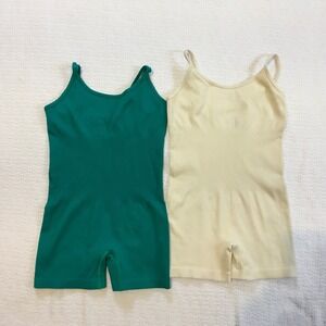 VINGOSTAR Ribbed Seamless Bodysuit‎ Tank Top Shorts Emerald Green Cream Set M